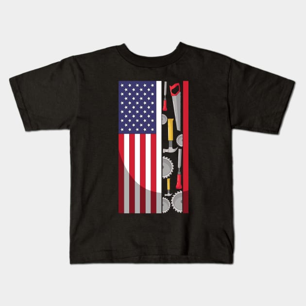 American Flag Woodworker Tools Carpenter Patriotic Kids T-Shirt by Shirtbubble